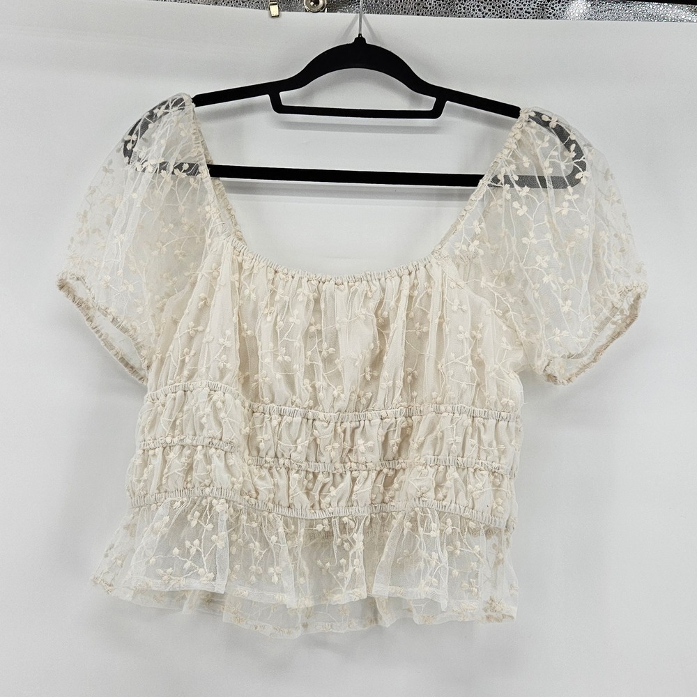 Coquette Sheer Mesh Puff Sleeve Ruched Top Blouse Going Out Large Fairy Milkmaid - Picture 2 of 8